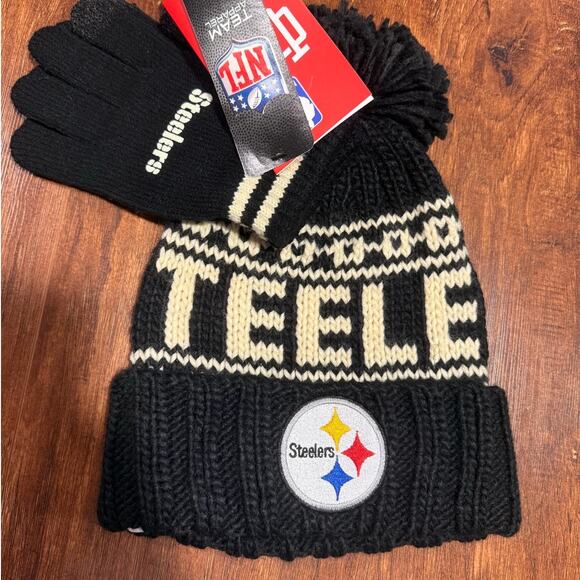 Pittsburgh Steelers Ultra Game NFL Beanie Hat Gloves Set NWT $50 MSRP Black - Picture 1 of 4